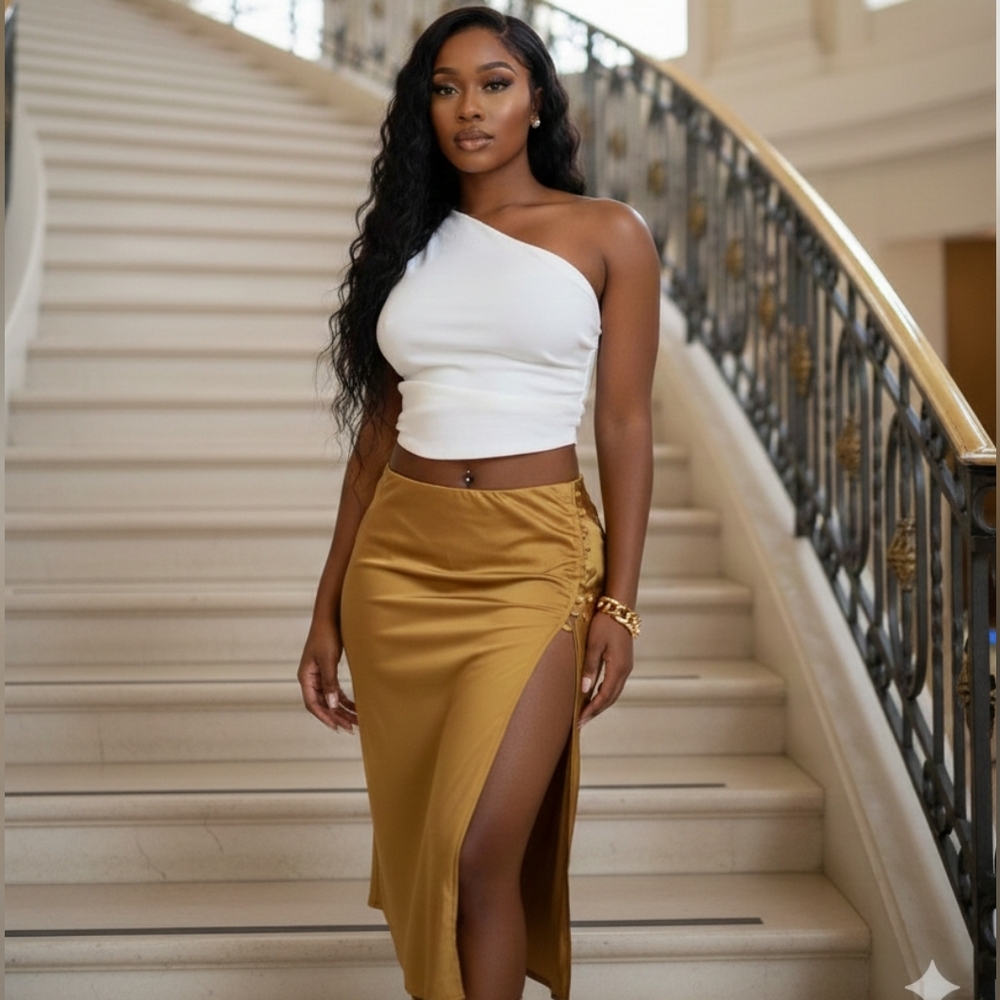 New! Women's Sexy Satin Gold Side Split  Button Skirt